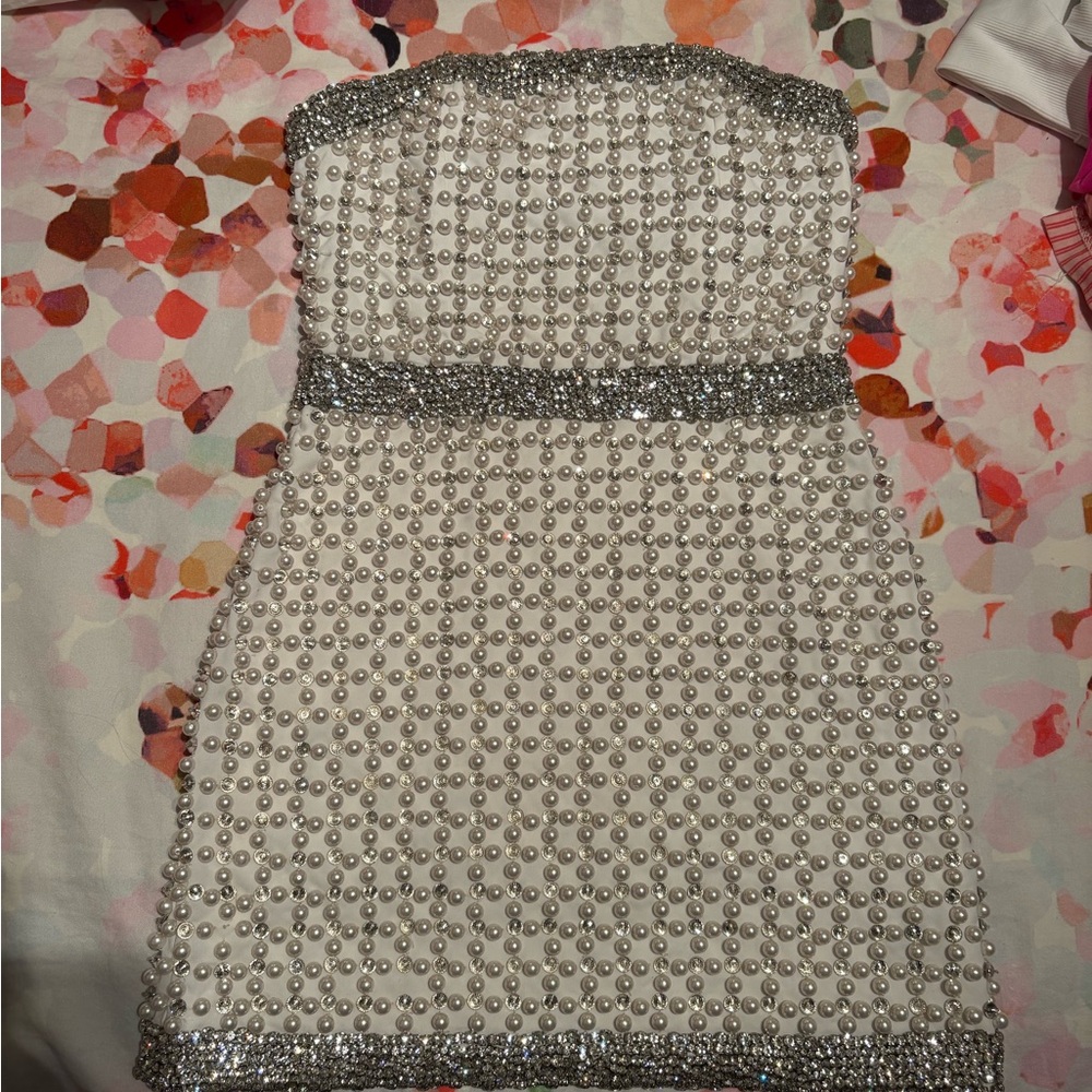 Retrofete Silver and White Heather Pearl Beaded Dress